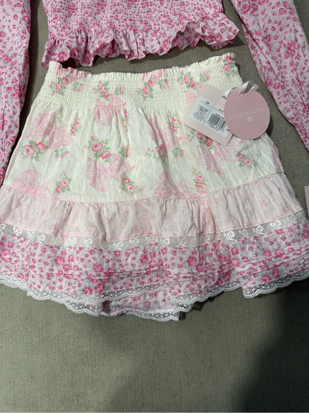 LoveShackFancy Girls Pink Floral Smocked Top & Cream Floral Tiered Skirt Set